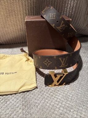 Fashion Monogram Brown Canvas Belt with Gold LV Buckle